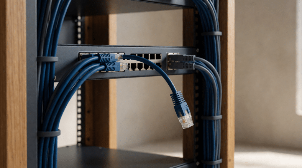 Netwerkswitch met gebundelde patchkabels en één losgekoppelde kabel