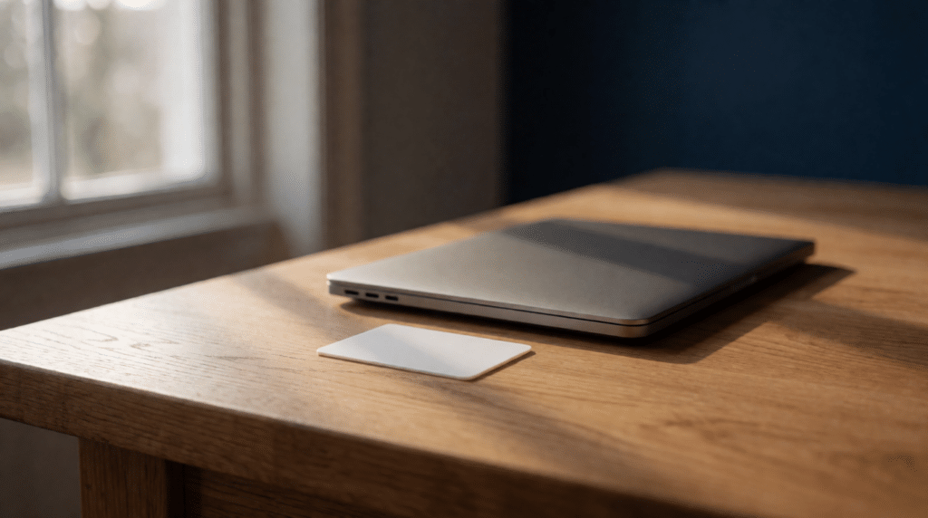 Laptop en een blanco plastic kaart op een keukentafel bij het raam
