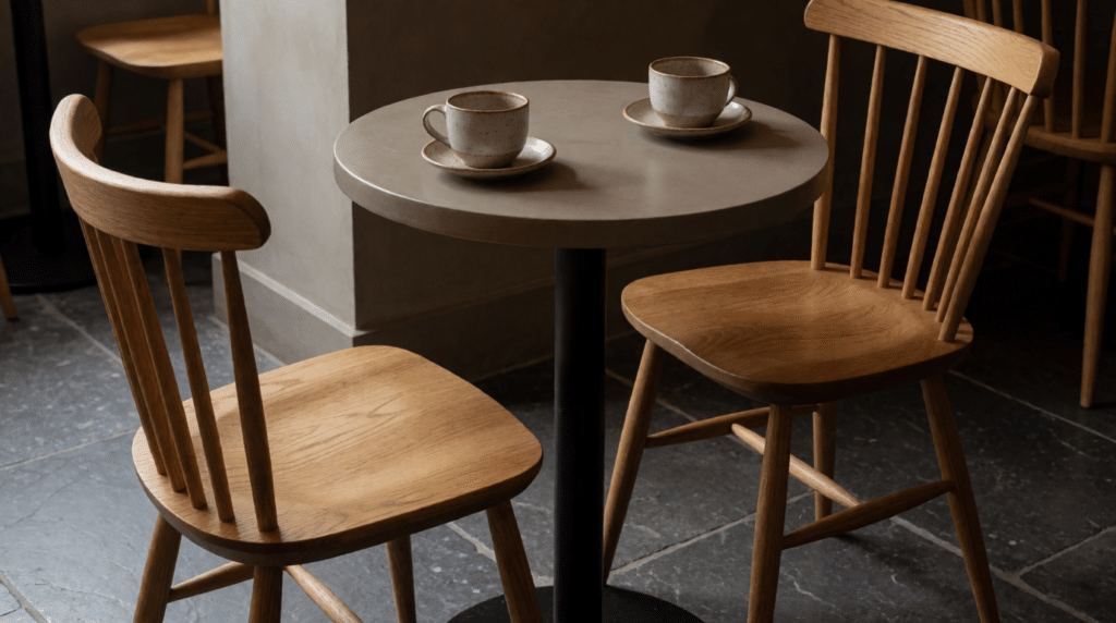 Twee lege stoelen aan een cafétafel met twee gebruikte koffiekopjes