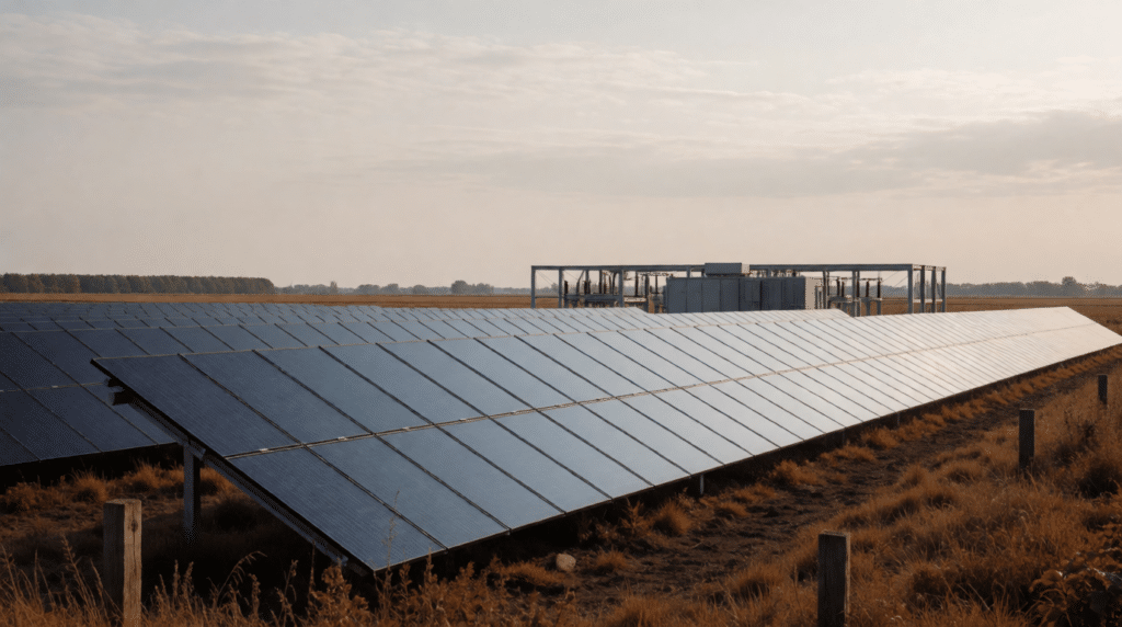 Zonnepark over een vlak veld met een transformatorstation aan de rand