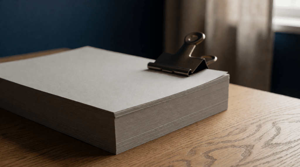 Dik pak documenten bijeengehouden door een grote klem op een eikenhouten tafel