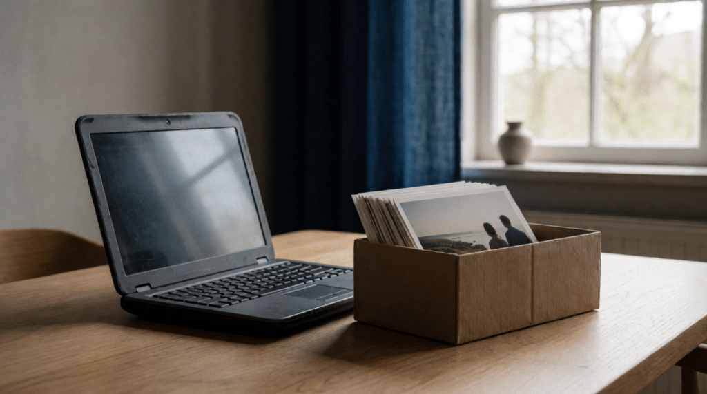 Oude laptop en een schoenendoos met foto's op een tafel in een woonkamer