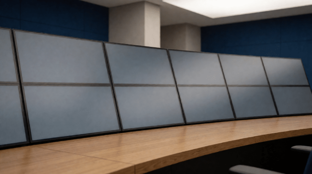 Rij monitoren met lege grijze panelen in een controlekamer