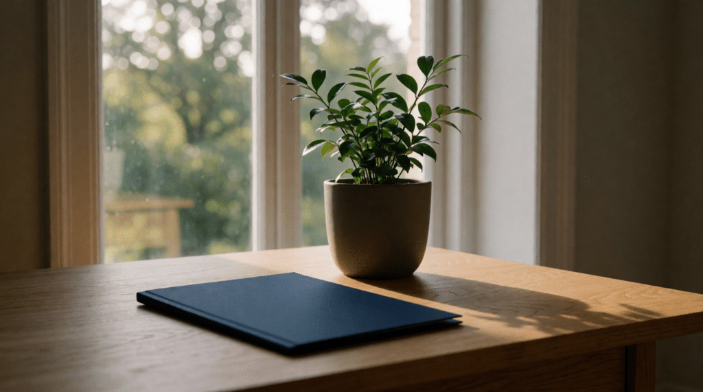 Documentenmap op een bureau naast een groene kamerplant voor het raam