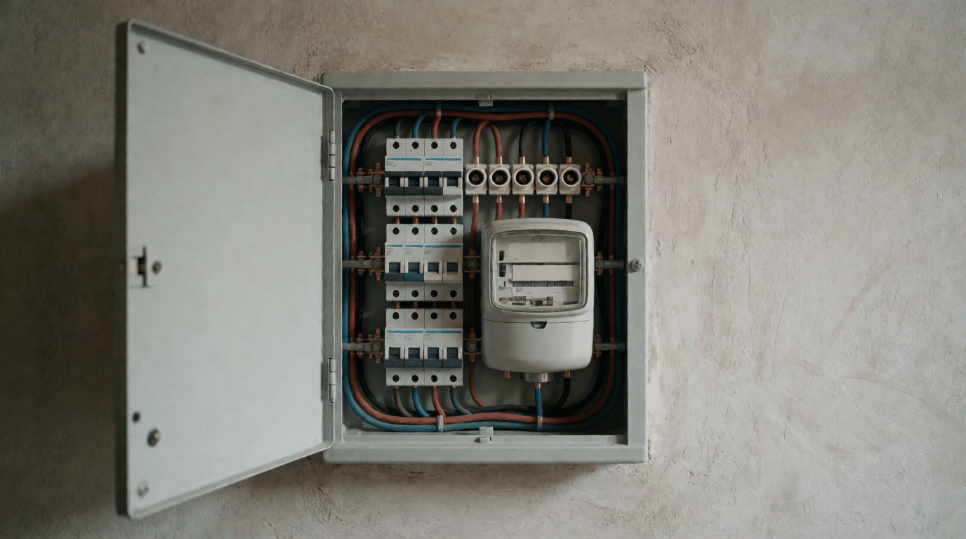 Open meterkast met stoppen en elektriciteitsmeter