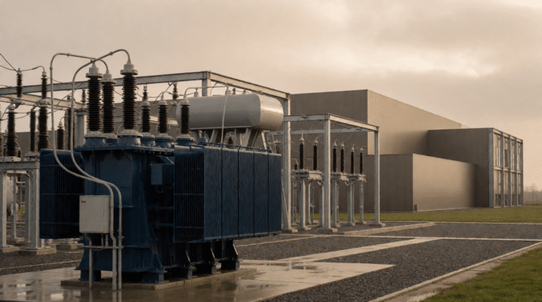 Industrieel transformatorstation naast een fabrieksterrein
