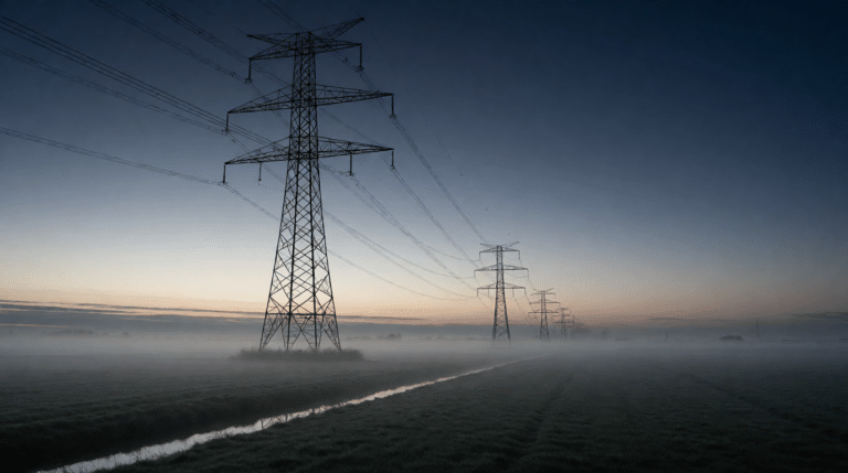 Hoogspanningsmasten boven een Nederlandse polder bij zonsopgang