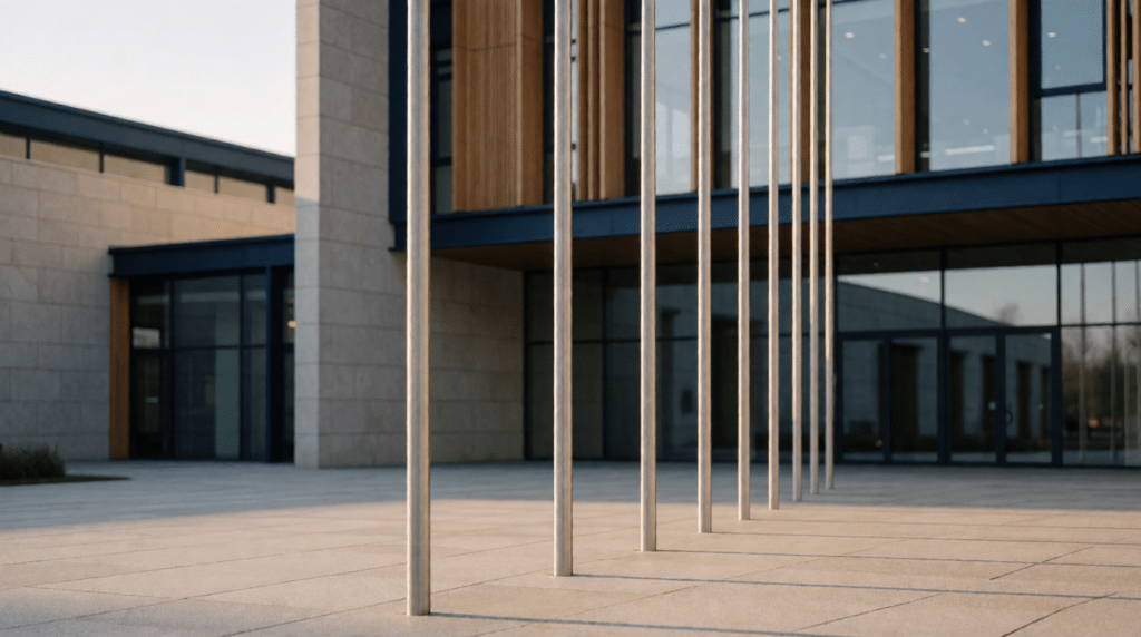 Rij kale vlaggenmasten voor een modern bestuursgebouw