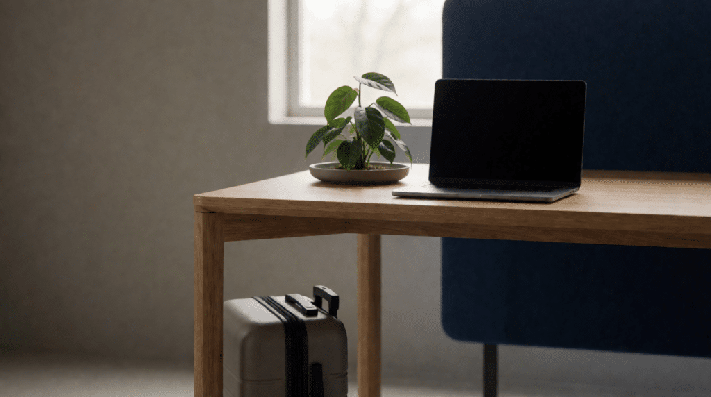 Modern bureau met een laptop, plant en een kleine koffer ernaast