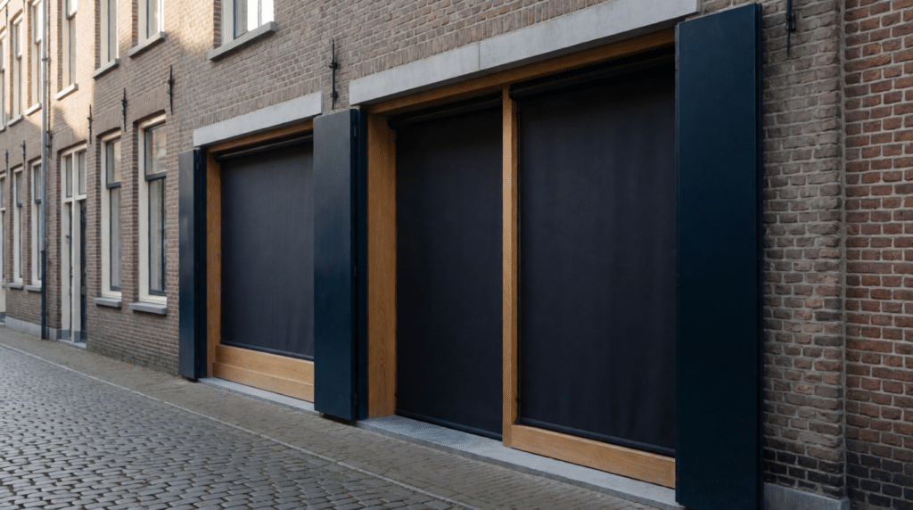 Winkelpui met neergelaten rolluiken in een stille straat