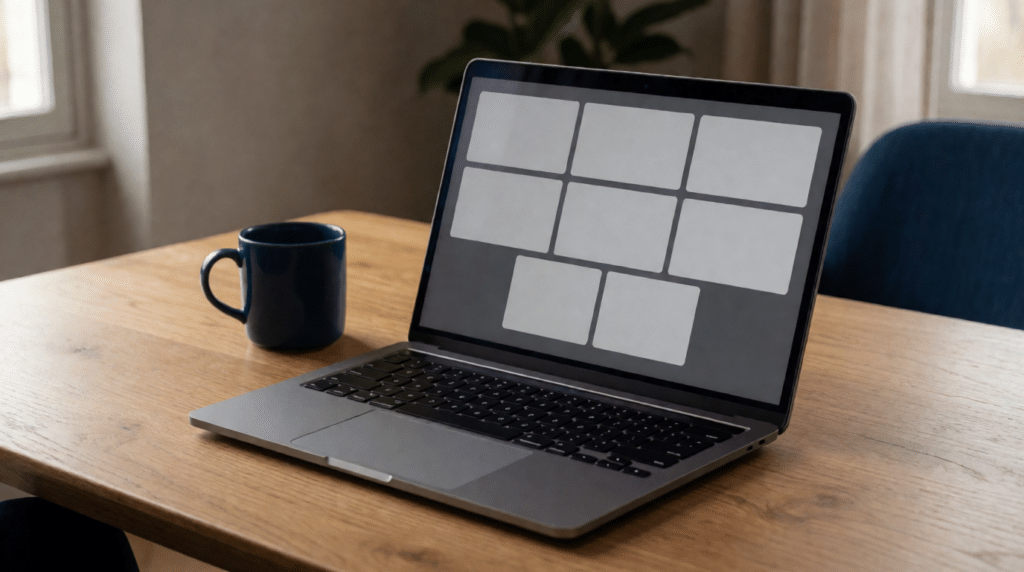 Laptop met een videovergadering van lege tegels op een thuiswerkplek