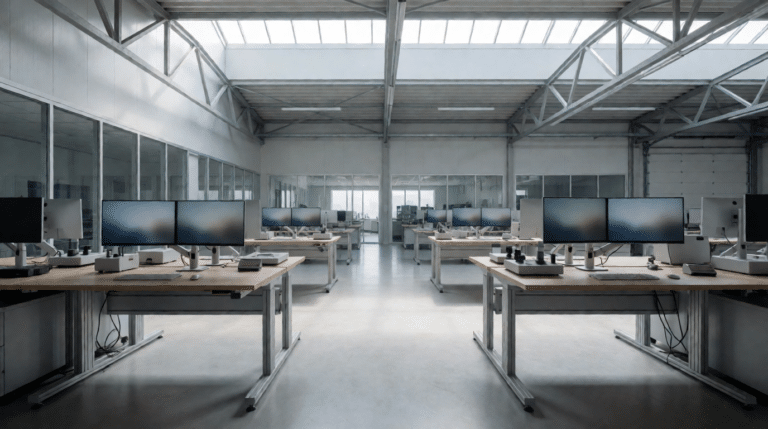 Lichte werkhal met werkbanken en computerschermen in een technologiebedrijf