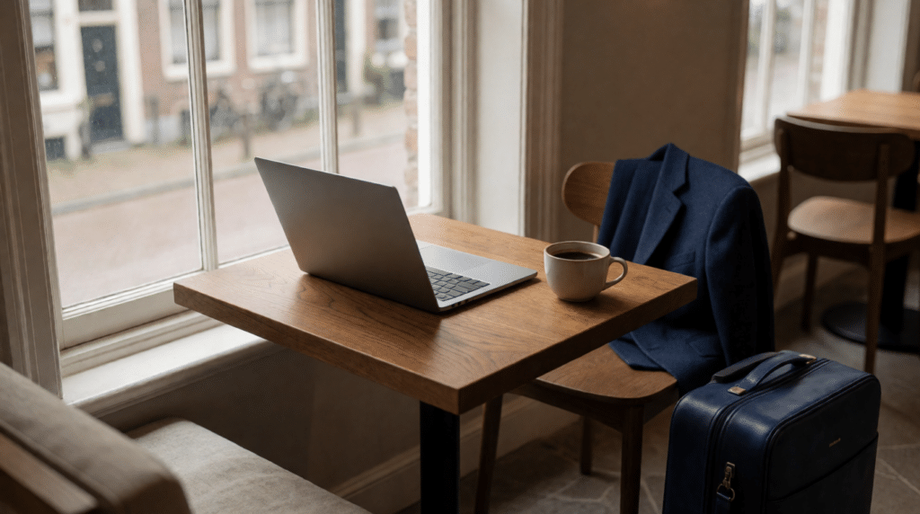 Laptop op een cafétafel bij het raam met een koffer naast de stoel