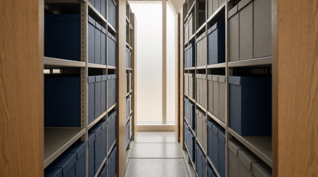 Archiefruimte met verrijdbare stellingen vol dossierdozen