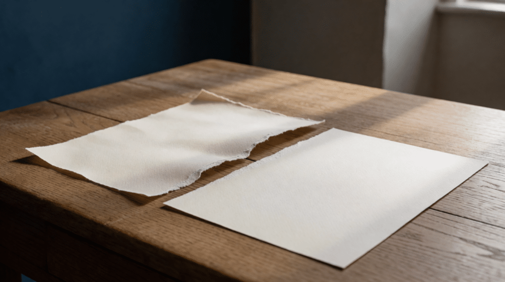 Gescheurd document naast een ongeschonden document op een bureau