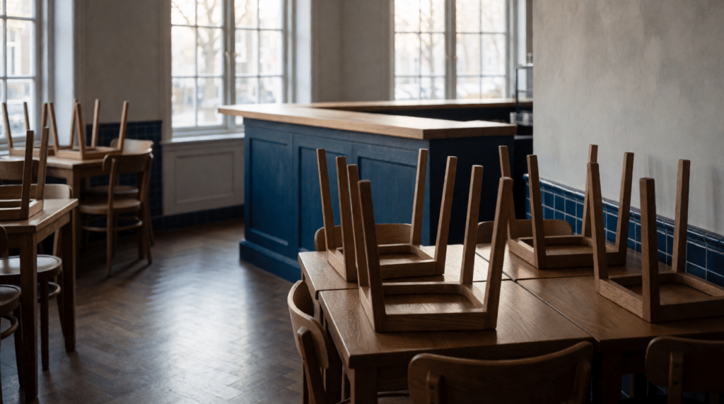 Leeg café-interieur met stoelen op tafels en een gesloten bar