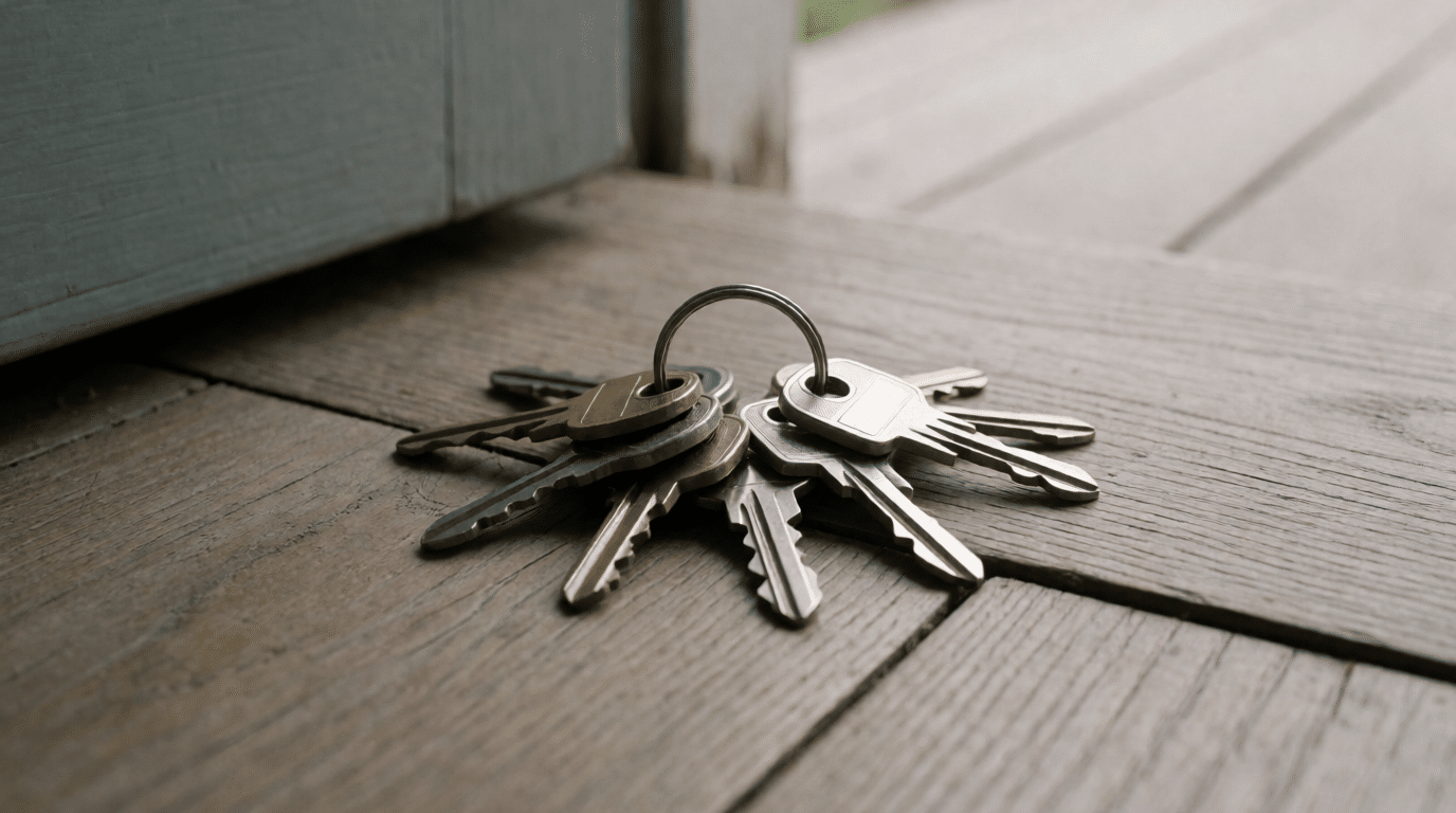 Bos huissleutels op een houten drempel