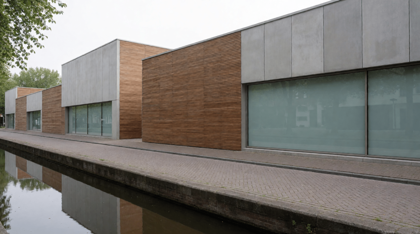 Ingetogen kantoorgevels aan een gracht bij zacht daglicht