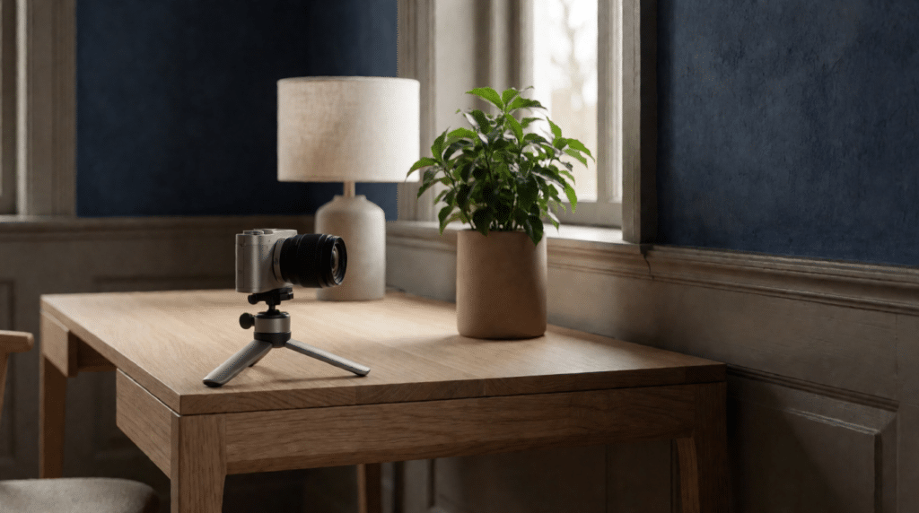 Camera op statief gericht op een gestyleerd bureau met plant en lamp