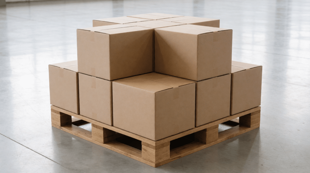 Nette stapel blanco verzenddozen op een pallet in een magazijn