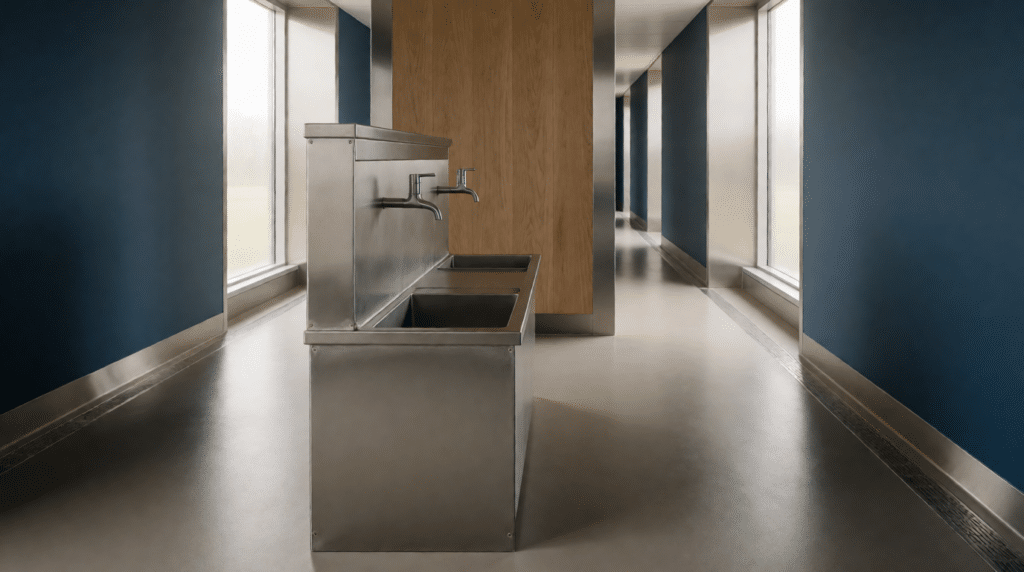 Rvs-gang in een voedingsfabriek met een hygiënestation