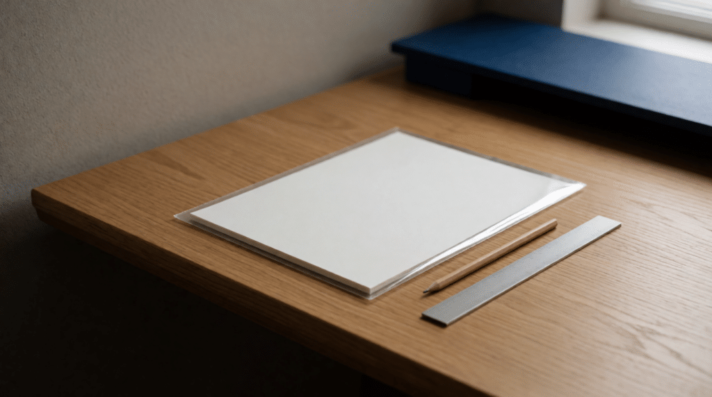 Ontwerpbureau met blanco schetsvellen in een insteekhoes, potlood en liniaal