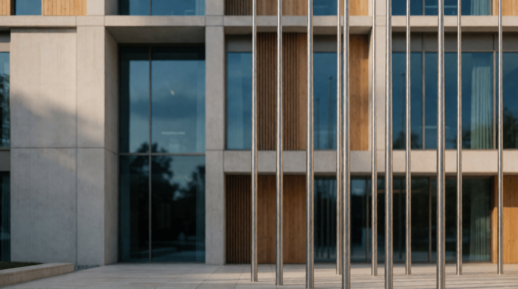 Modern bestuursgebouw met vlaggenmasten bij daglicht