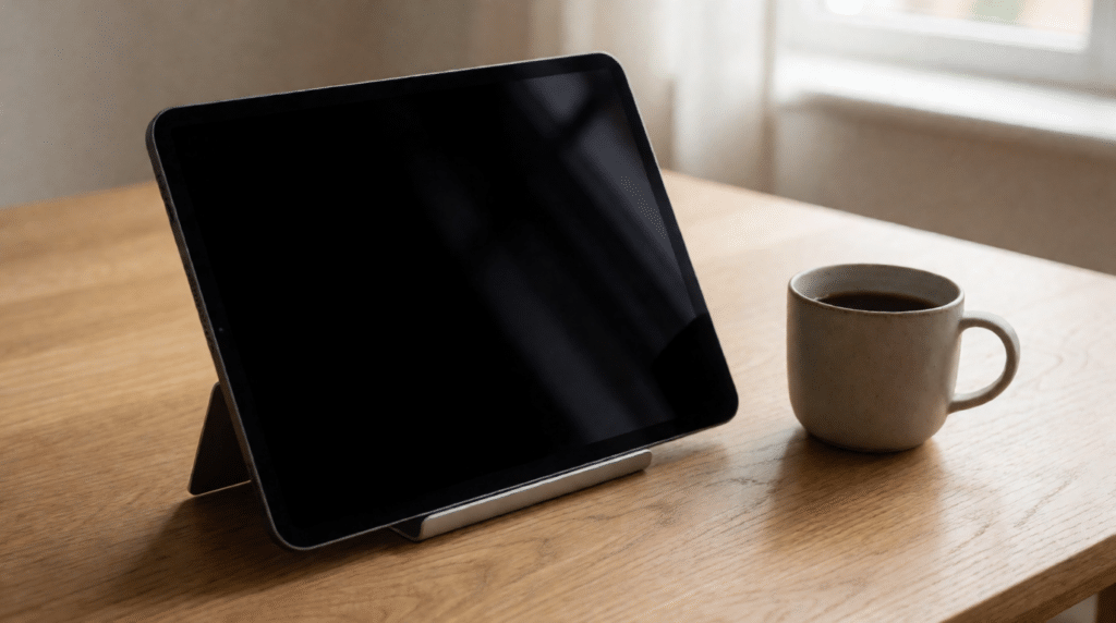 Tablet op een standaard met leeg scherm op een eikenhouten bureau