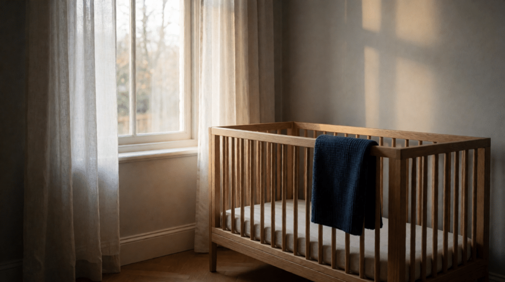 Leeg houten ledikant in een rustige babykamer bij het raam