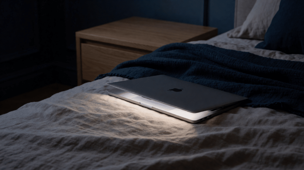 Halfgesloten laptop op een bed in een verduisterde slaapkamer