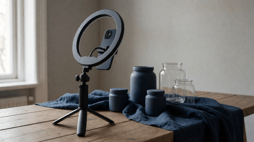 Ringlamp en telefoon op statief gericht op een gestyleerde tafel