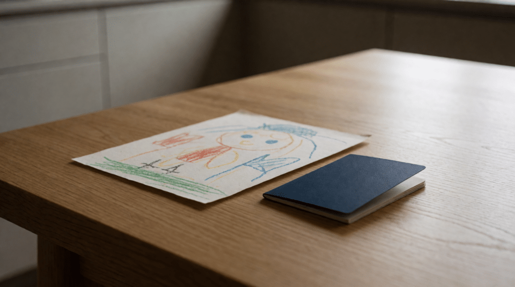 Kindertekening en een reisdocument op een keukentafel