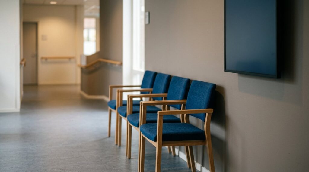 Werkplek met twee monitoren en een notitieblok in avondlicht