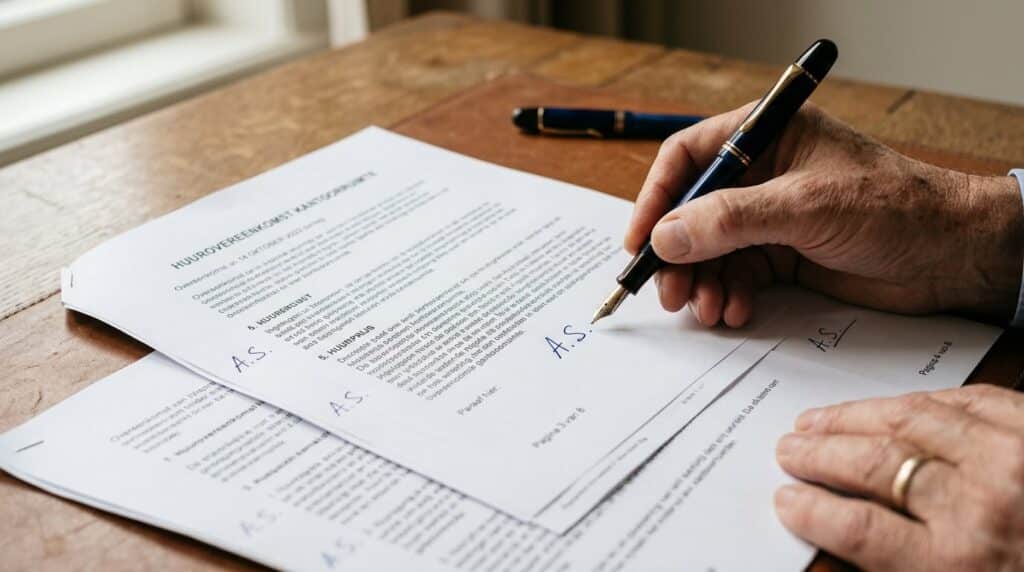 Contract met initialen in de kantlijn en een vulpen