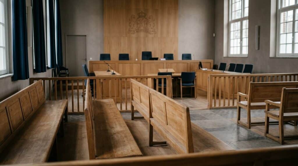 Dossiermap met rood etiket op een tafel in een gerechtsgebouw