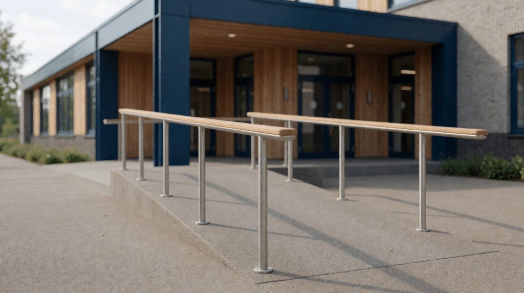Rolstoelhelling bij een schoolingang met een leuning