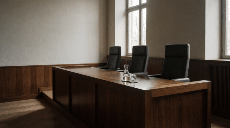 Lege rechtszaal met een houten rechtersbank en stoelen bij daglicht