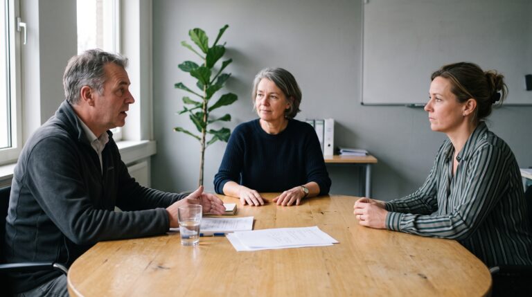 Mediator en twee partijen in gesprek aan een ovale tafel tijdens een mediation
