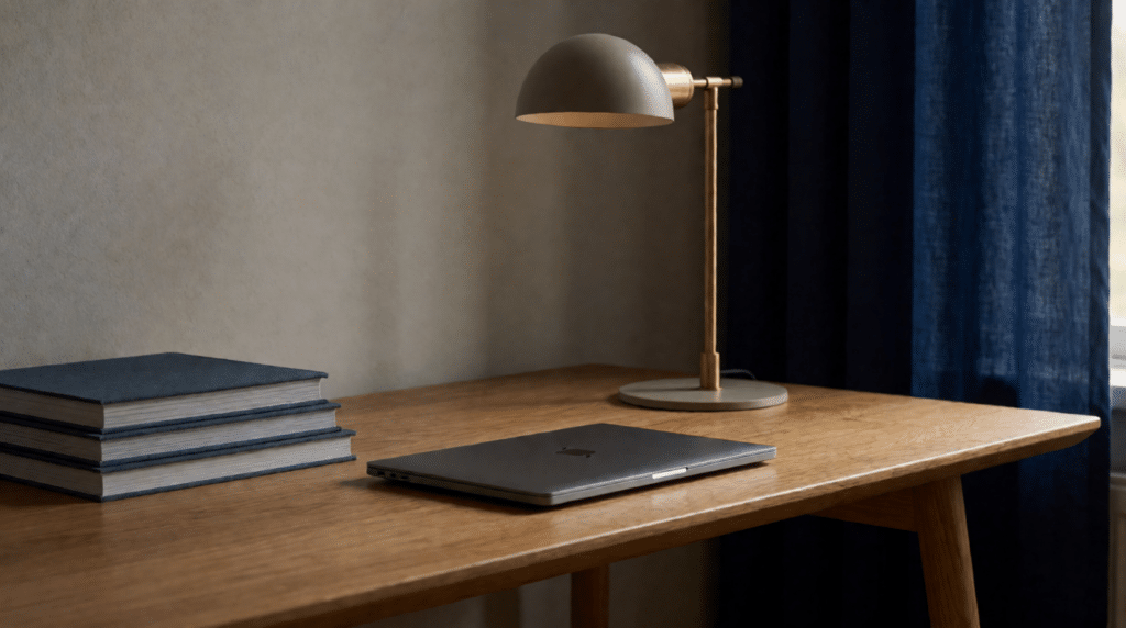 Studentenbureau met een dichtgeklapte laptop, lamp en een stapel boeken