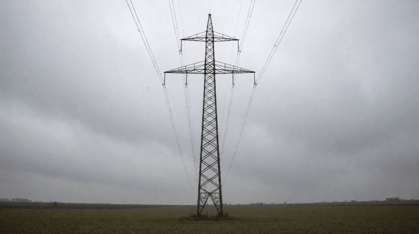 Hoogspanningsmast in een open landschap