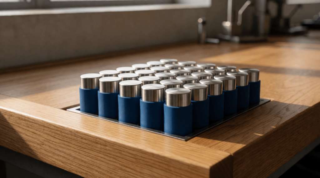 Bak met cilindrische batterijcellen op een montagetafel