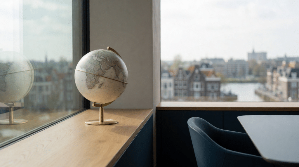 Modern kantoor met een wereldbol op de vensterbank en stadsuitzicht