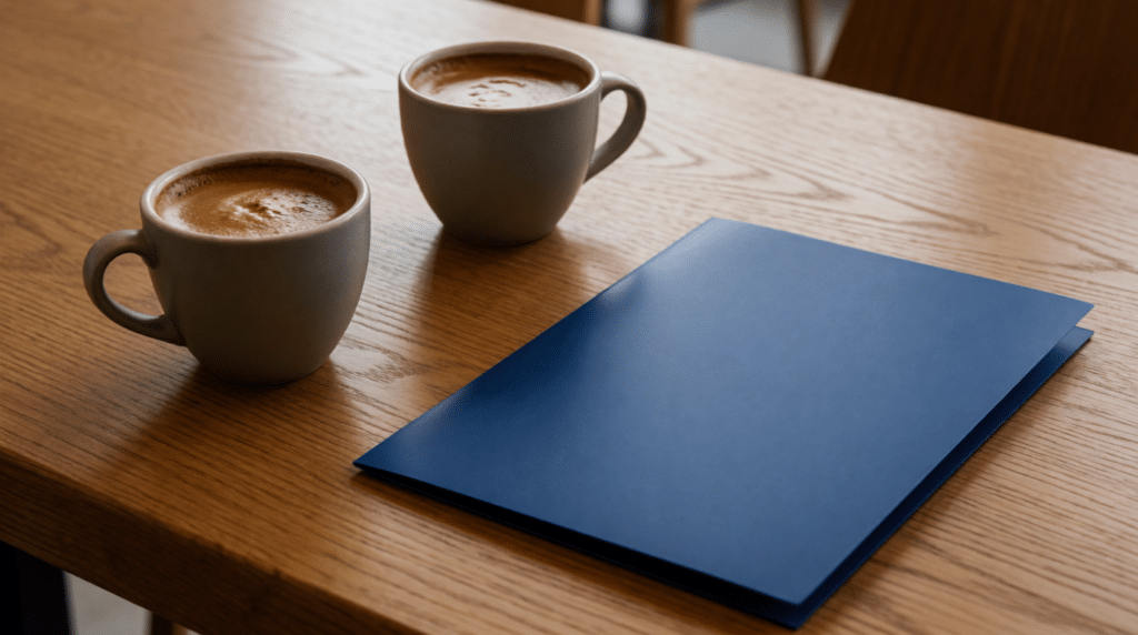 Twee koffiekopjes en een map op een cafétafel met twee stoelen