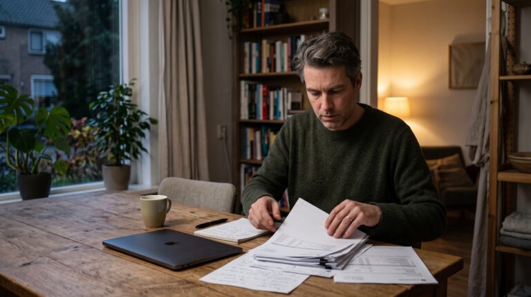 Een man ordent aan de eettafel geprinte bankafschriften naast een dichtgeklapte laptop, aan het eind van de dag.