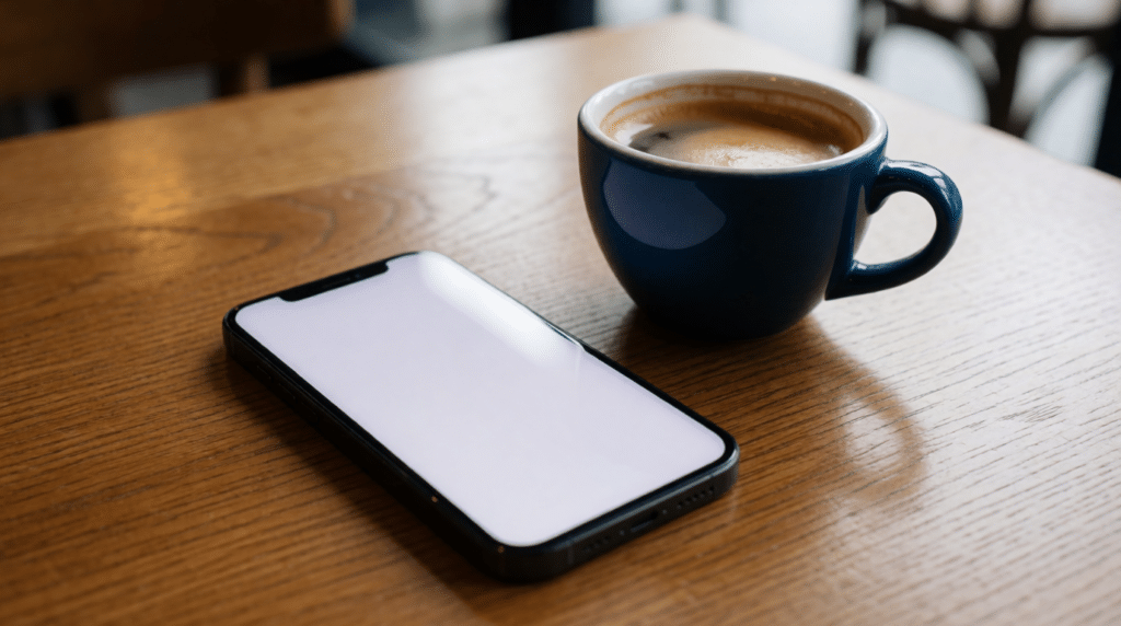Smartphone met leeg scherm op een houten cafétafel naast een koffiekopje