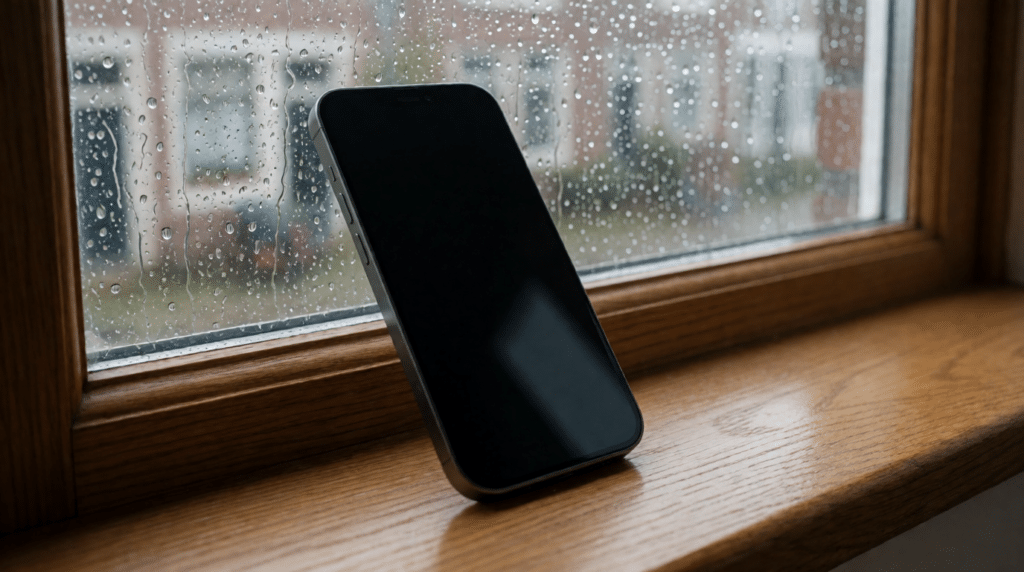 Telefoon met leeg scherm op een vensterbank voor een beregend raam