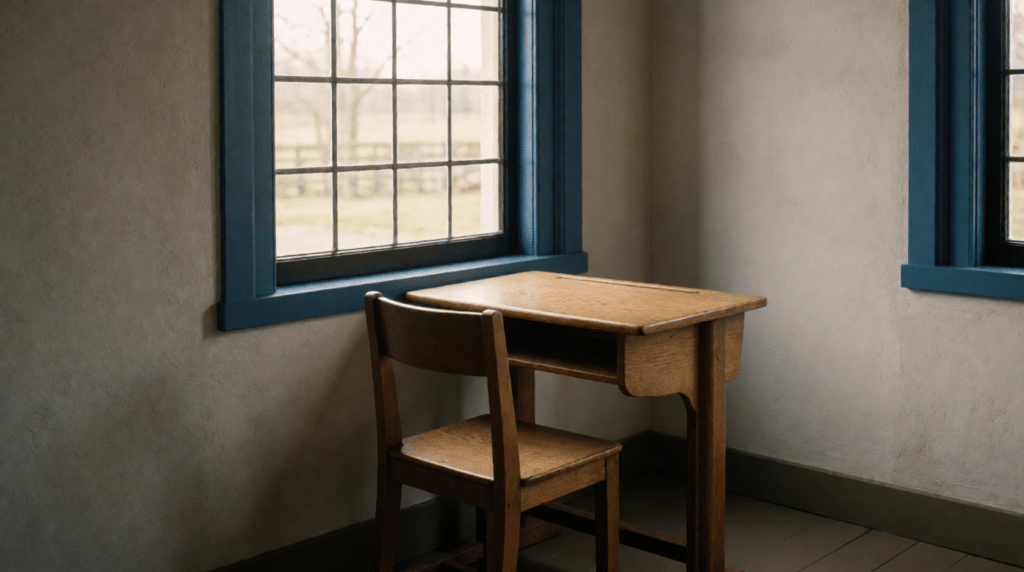 Kleine schooltafel met stoel bij het raam in een klaslokaal