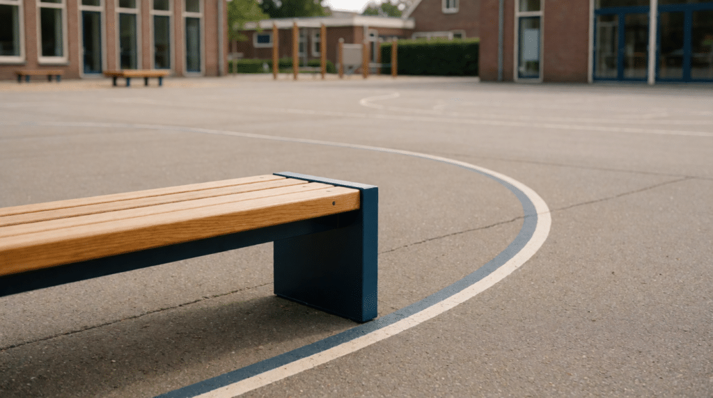 Leeg schoolplein met een bank en een gekleurde lijn op het asfalt