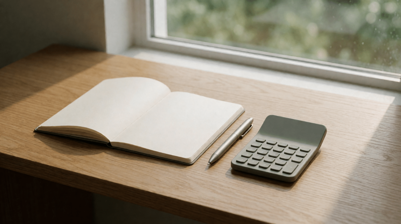 Bureau met een leeg opengeslagen notitieboek, pen en rekenmachine