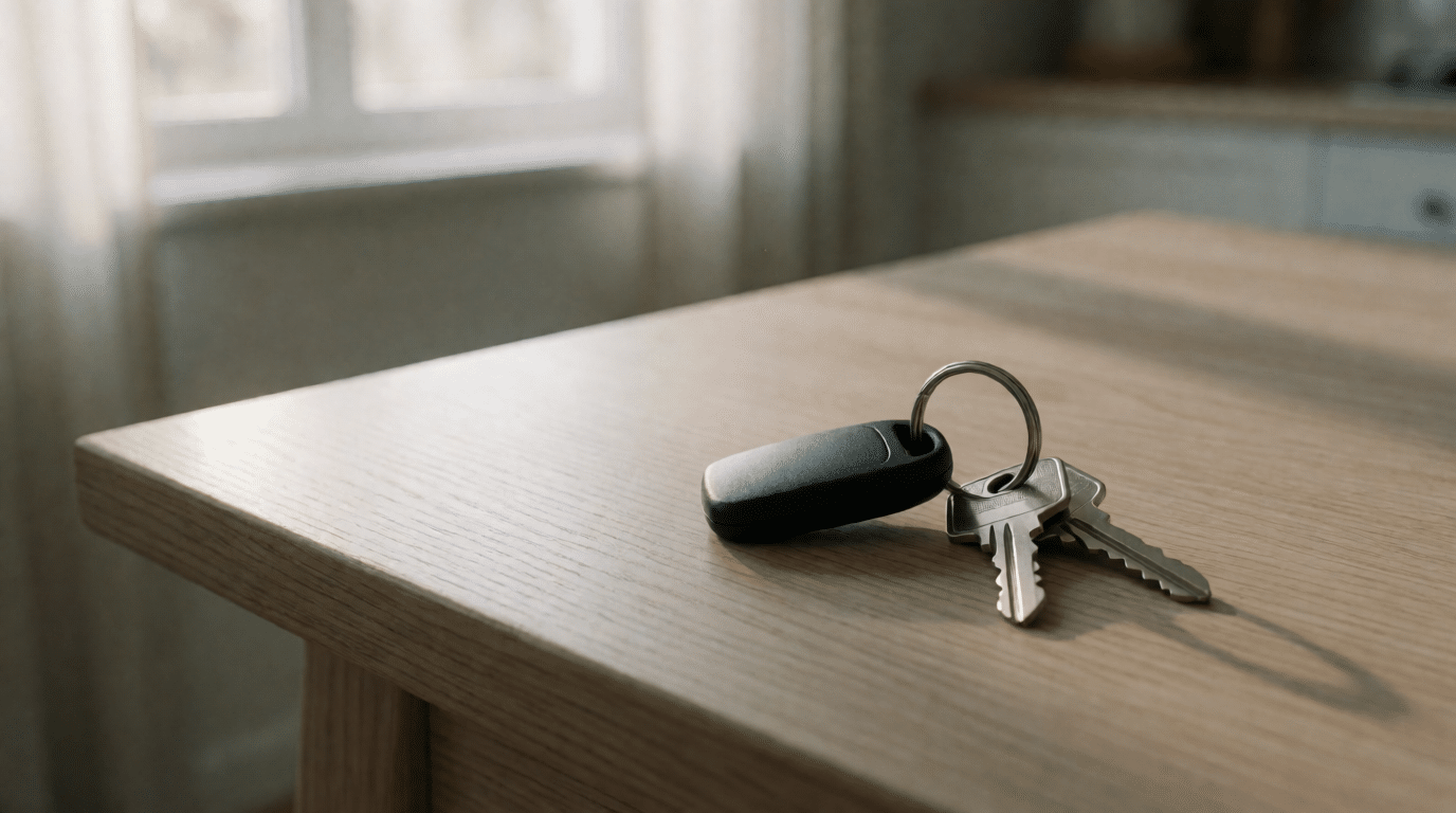 Autosleutels op een keukentafel bij het raam